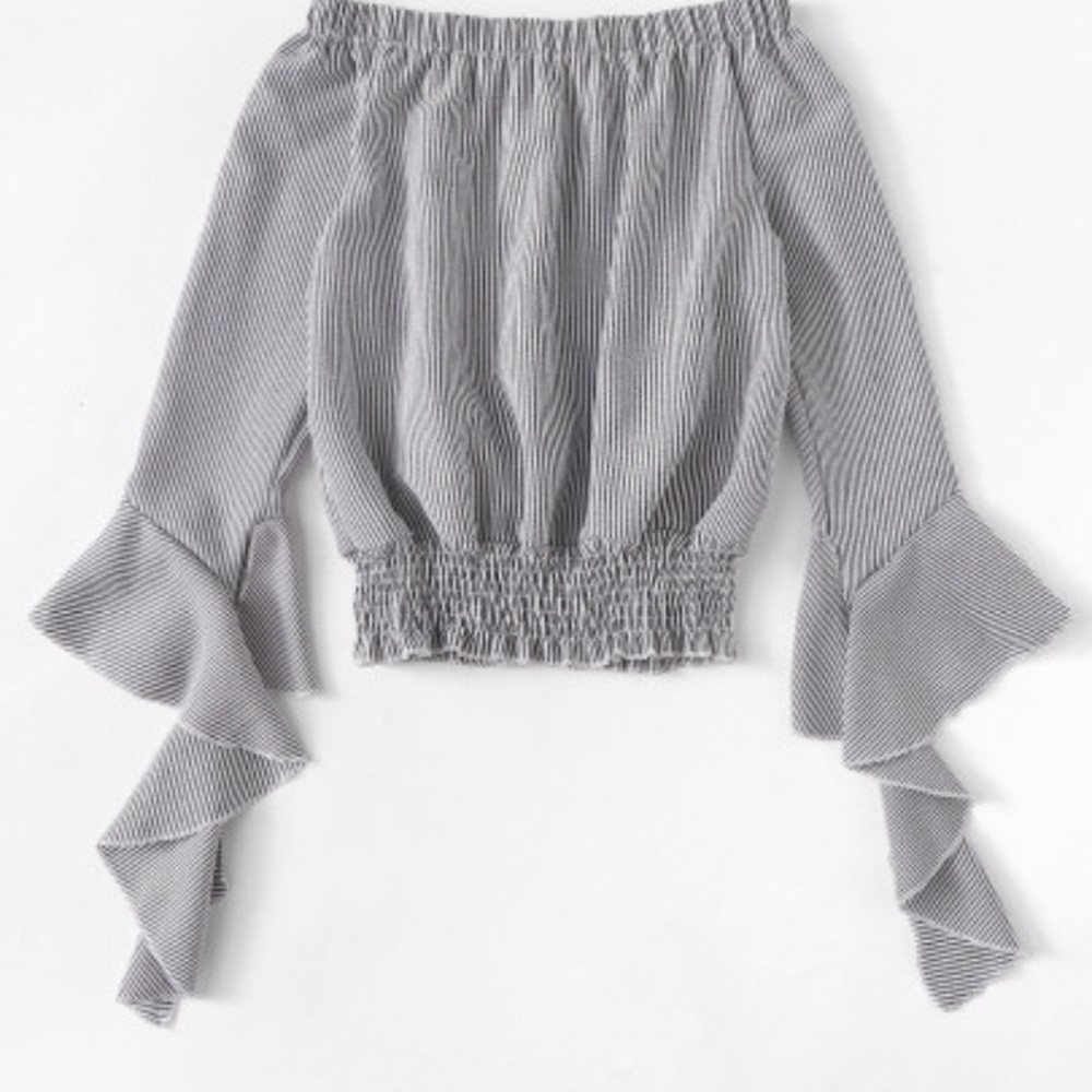 Off Shoulder Flounce Sleeve Shirred Hem Top